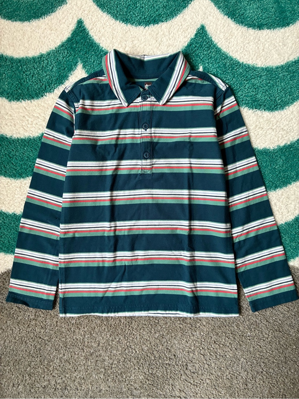 Tea Collection Long Sleeve Striped Polo (Teal/Sage/White/Coral) Size 8
